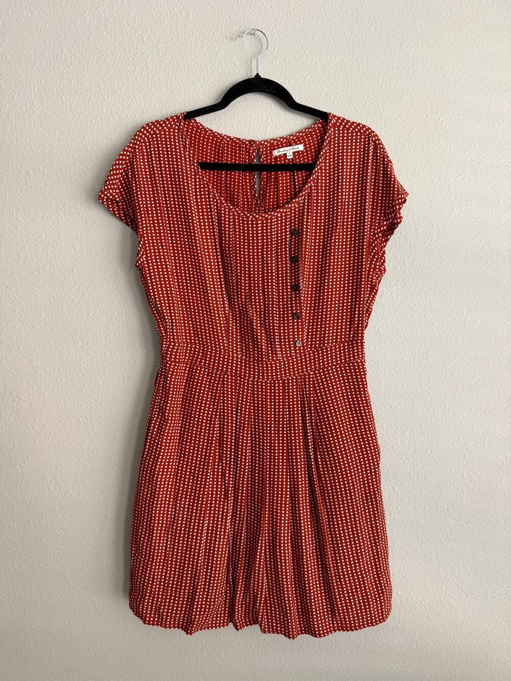 Broadway & Broome Sz 8 Mini Dress Asymmetrical Buttons Polka Dot Rust Orange